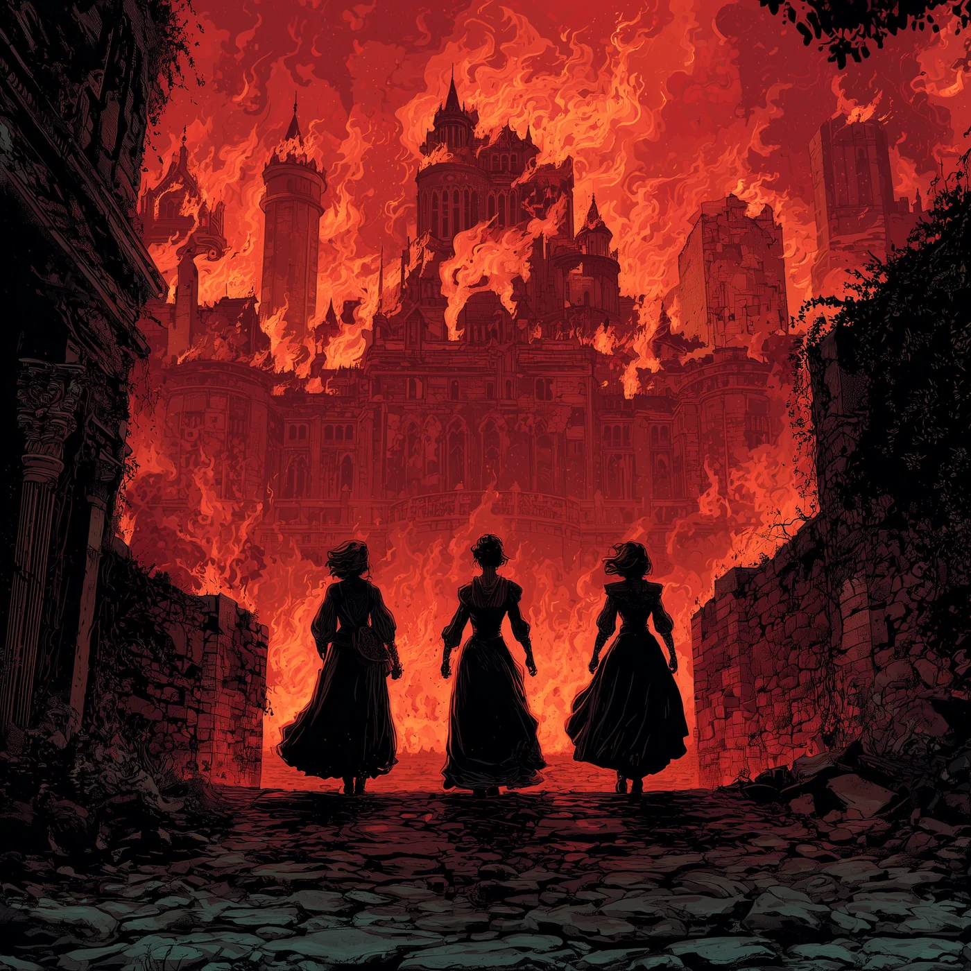 Three dark figures on a path towards a burning fairy-tale castle