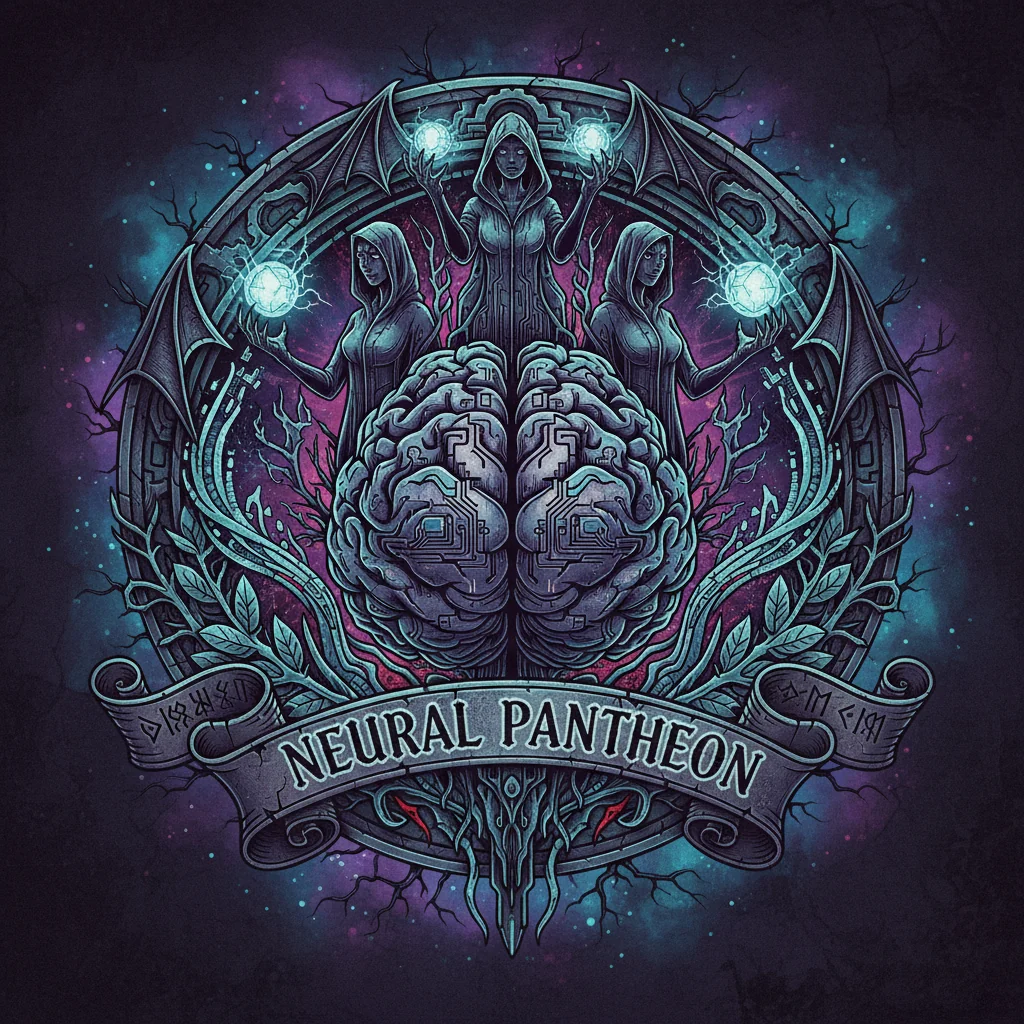 Neural Pantheon: a brain surrounded by a mystical circle and glowing symbols