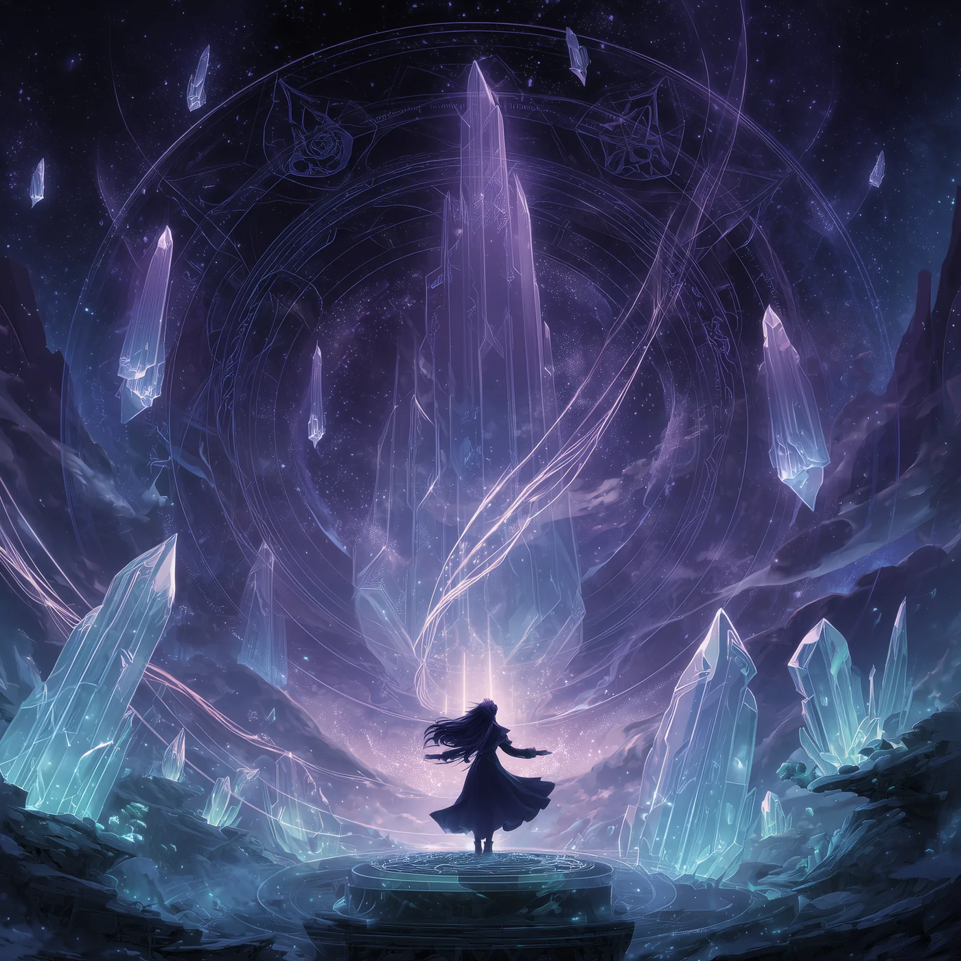 A figure before glowing violet crystals in an icy cavern